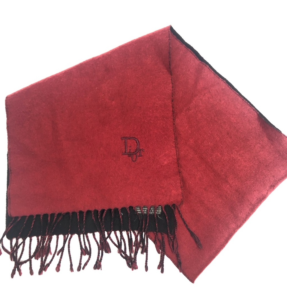 Vintage Dior Cashmere Wool Scarf with Fringe RED